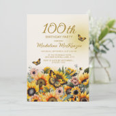 Invitation Fleurs de soleil papillons 100e fête d'anniversair (Debout devant)