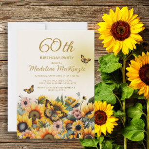 Invitation Fleurs de soleil papillons 60e fête d'anniversaire