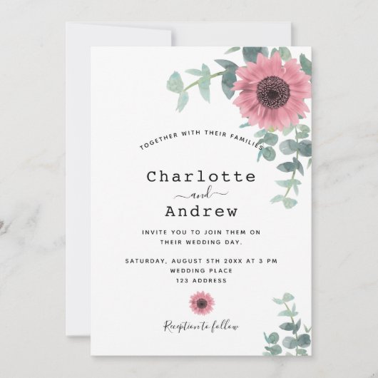Invitation Fleurs de soleil roses mariage de verdure fleurie  (Devant)