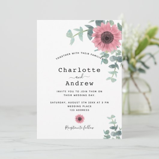 Invitation Fleurs de soleil roses mariage de verdure fleurie  (Debout devant)