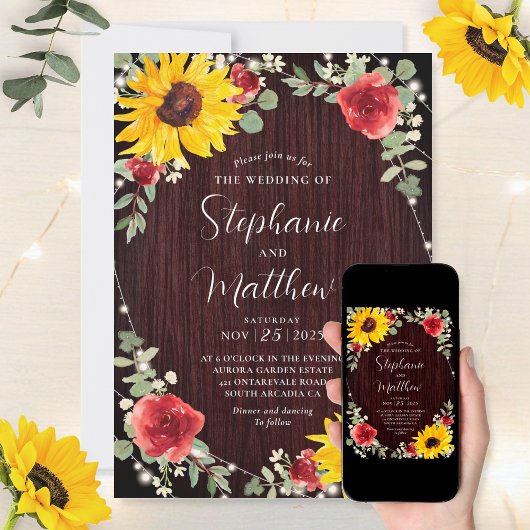 Invitation Fleurs de soleil Roses rouges Lumières Mariage en 