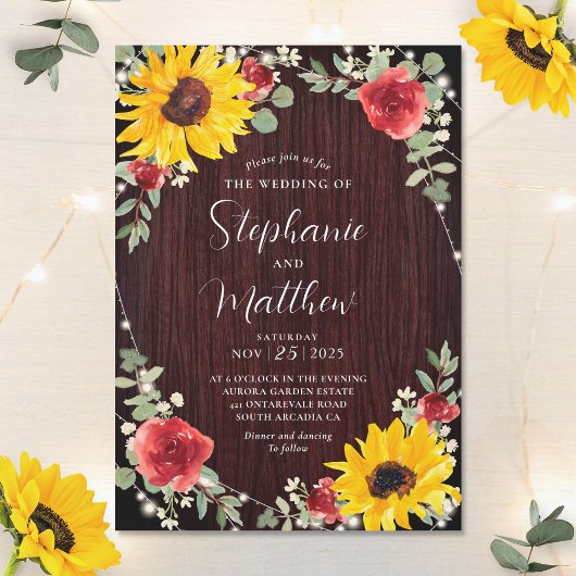 Invitation Fleurs de soleil Roses rouges Lumières Mariage en