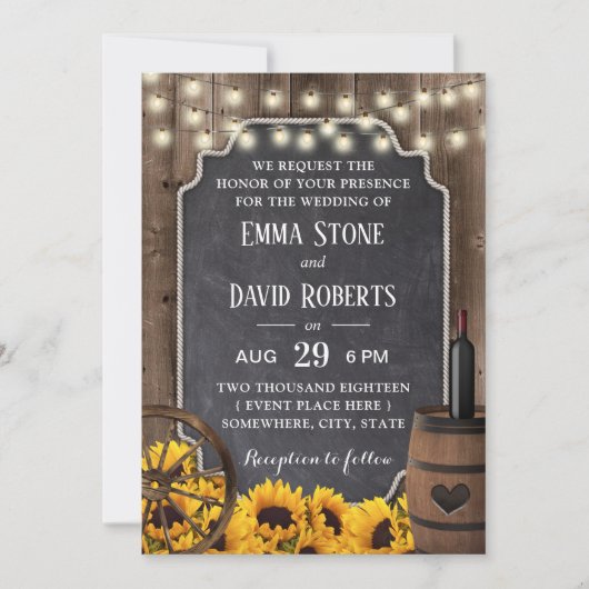 Invitation Fleurs de soleil rustique Bois Vin Baril Mariage (Devant)