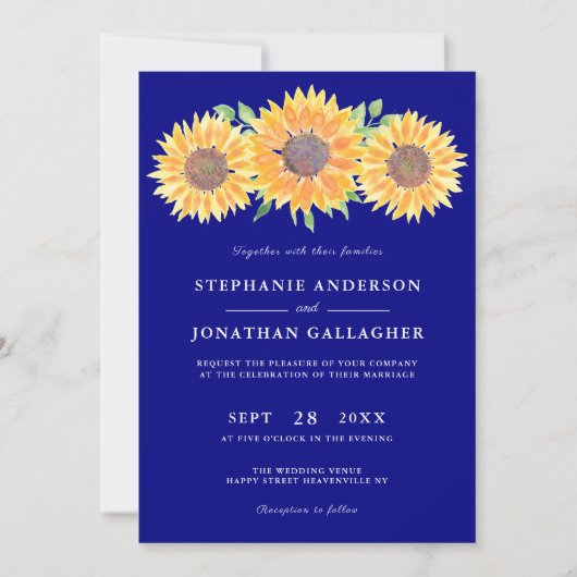Invitation Fleurs de soleil rustiques Aquarelle Mariage bleu (Devant)
