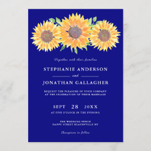 Invitation Fleurs de soleil rustiques Aquarelle Mariage bleu 