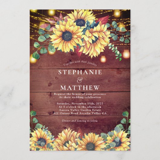 Invitation Fleurs de soleil rustiques Bois Mason Jar Lumières (Devant)
