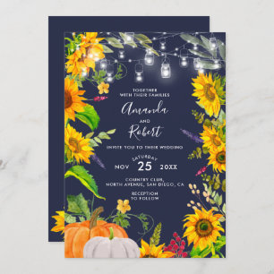 Invitation Fleurs de soleil rustiques Citrouille Lumière bleu