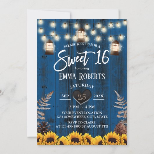 Invitation Fleurs de soleil rustiques et lanternes Marine ble (Devant)