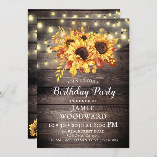 Invitation Fleurs de soleil rustiques Grange Bois fête d'anni (Devant / Derrière)