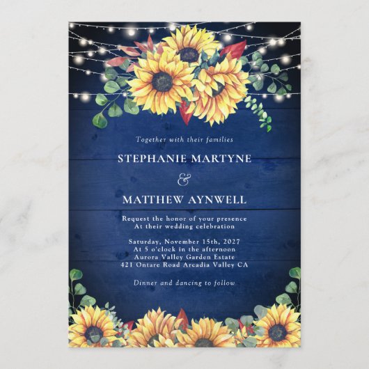 Invitation Fleurs de soleil rustiques Lumières Marine Mariage (Devant)