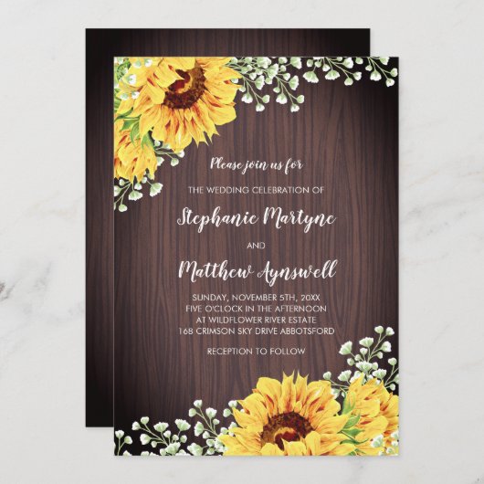 Invitation Fleurs de soleil rustiques Mariage de bois Floral (Devant / Derrière)