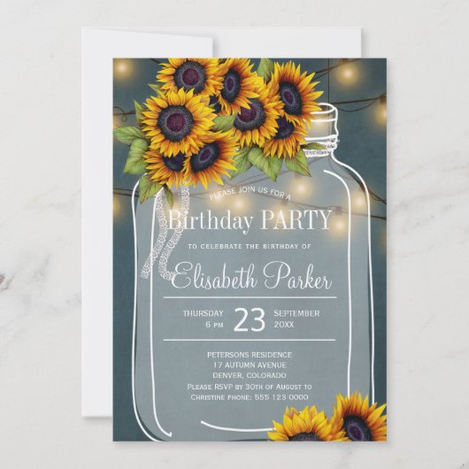 Invitation Fleurs de soleil rustiques mason jar fête d'annive (Devant)
