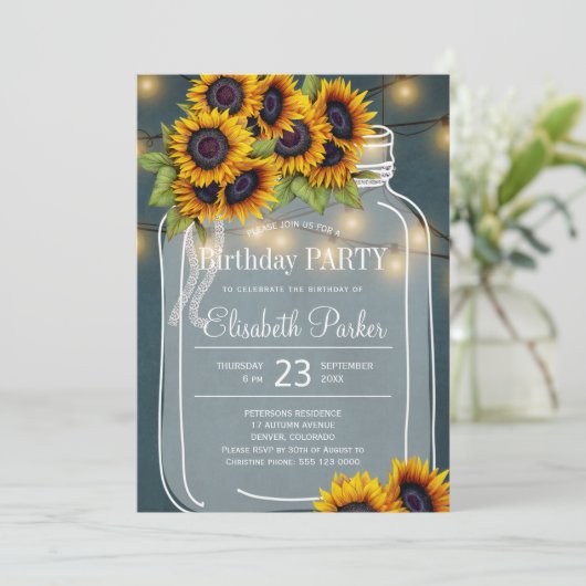 Invitation Fleurs de soleil rustiques mason jar fête d'annive (Debout devant)