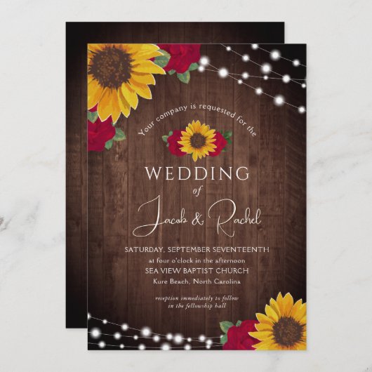 Invitation Fleurs de soleil rustiques Roses rouges Mariage (Devant / Derrière)