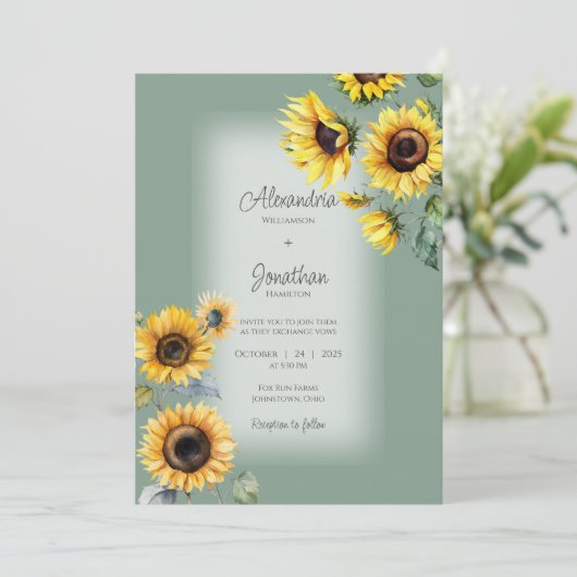 Invitation Fleurs de soleil rustiques sur Mariage vert de Sag (Debout devant)