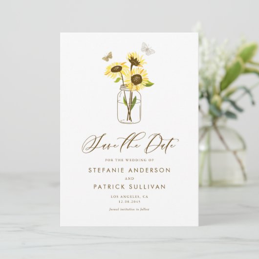 Invitation Fleurs de soleil sur Mason Jar Enregistrer la date (Debout devant)