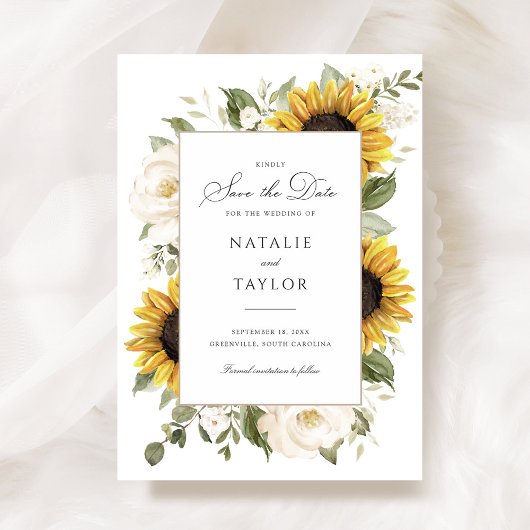 Invitation Fleurs de soleil Vert floral blanc Sauvez la date