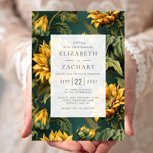 Invitation Fleurs de soleil vintages Mariage jaune foncé