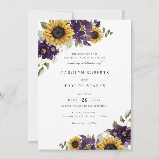 Invitation Fleurs de soleil violet violet Fleurs Mariage vert (Devant)