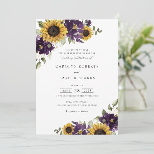 Invitation Fleurs de soleil violet violet Fleurs Mariage vert (Debout devant)