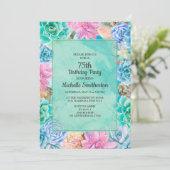Invitation Fleurs de Succulentes Rose Bleu Vert 75e Anniversa (Debout devant)