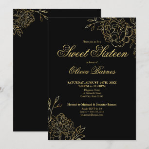 Invitation Fleurs de Sweet 16 en noir et or en ligne art flor