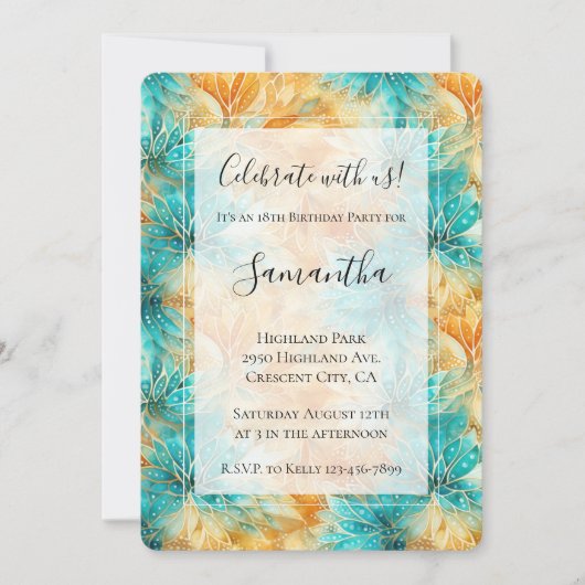 Invitation Fleurs de Tangerine Turquoise Anniversaire (Devant)