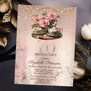 Invitation Fleurs de tasse de thé pailletées rose doré 70e an