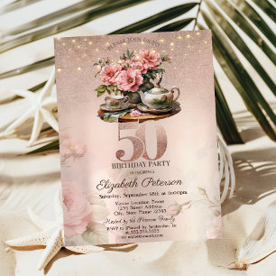 Invitation Fleurs de tasse de thé Paillettes Rose Doré 50e An