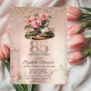Invitation Fleurs de tasse de thé Paillettes Rose Gold 85e an