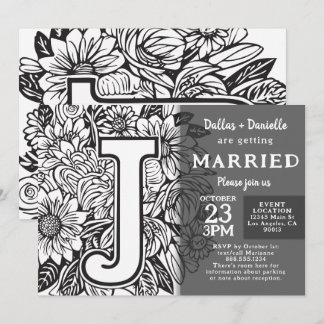 Invitation Fleurs de tatouage de monogramme noir et blanc J M