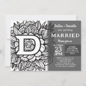 Invitation Fleurs de tatouage de monogramme noir et blanc Mar (Devant)