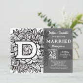Invitation Fleurs de tatouage de monogramme noir et blanc Mar (Debout devant)