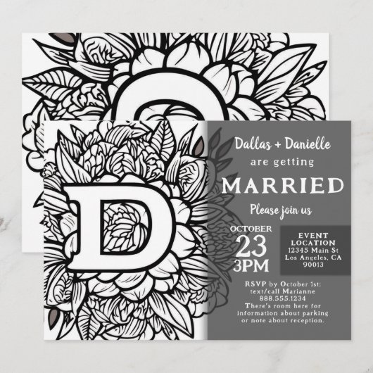 Invitation Fleurs de tatouage de monogramme noir et blanc Mar (Devant / Derrière)