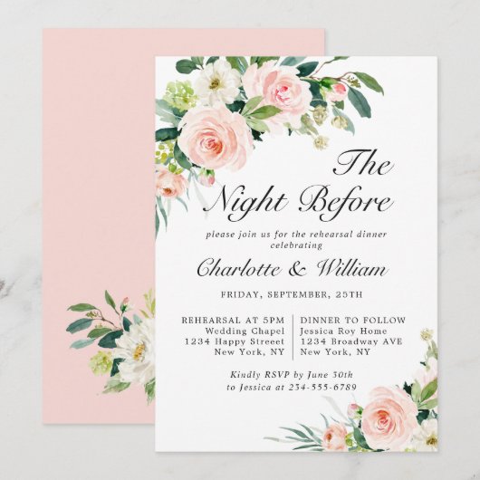 Invitation Fleurs de teint rose verdure DÎNER DE REHERSAL (Devant / Derrière)
