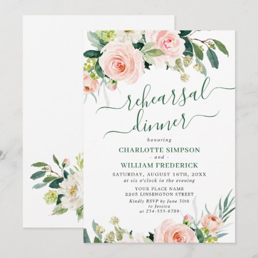Invitation Fleurs de teint rose verdure DÎNER DE RÉPÉTITION (Devant / Derrière)