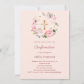 Invitation Fleurs de teinte rose pâle croix Confirmation (Devant)