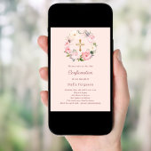 Invitation Fleurs de teinte rose pâle croix Confirmation