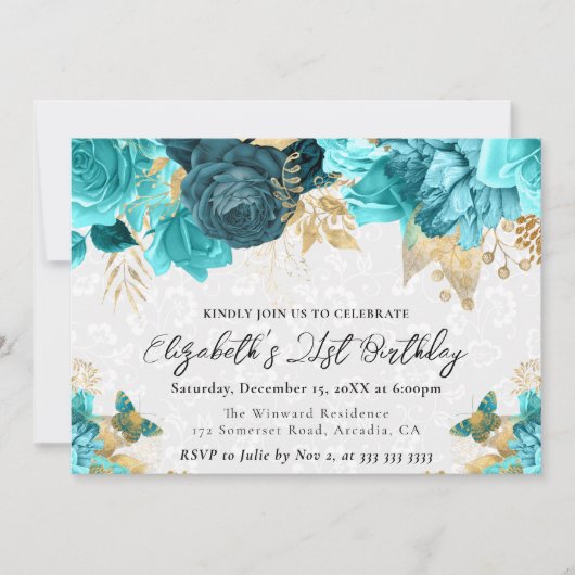 Invitation Fleurs de teinte sarcelle et or pour 21e anniversa (Devant)