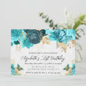 Invitation Fleurs de teinte sarcelle et or pour 21e anniversa (Debout devant)