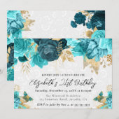 Invitation Fleurs de teinte sarcelle et or pour 21e anniversa (Devant / Derrière)