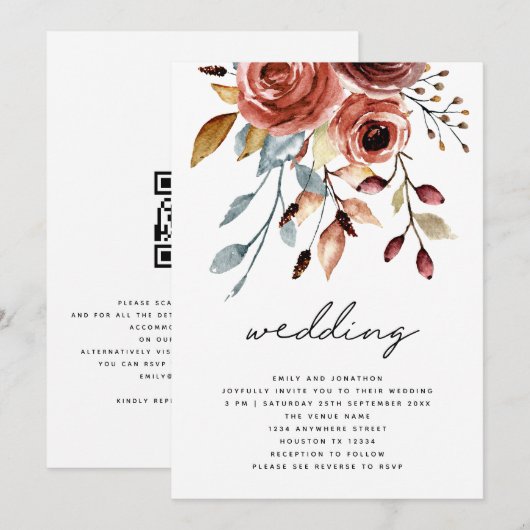 Invitation Fleurs de Terracotta Rustique Code QR Mariage (Devant / Derrière)