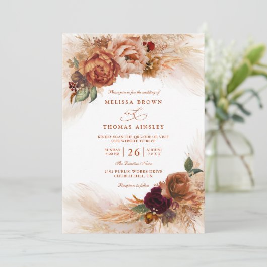 Invitation Fleurs de terre cuite oxydées Mariage Code QR (Debout devant)