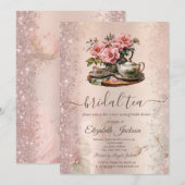 Invitation Fleurs de théière vintage scintillement  (Devant / Derrière)