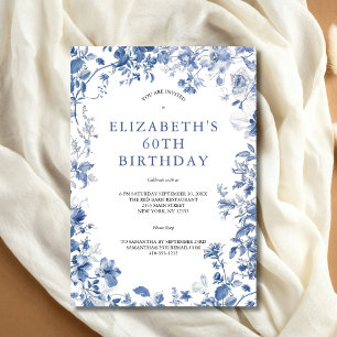 Invitation Fleurs de toile bleue et blanche pour un 60e anniv