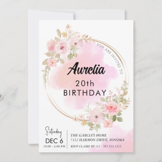 Invitation Fleurs de tourbe rose anniversaire (Devant)