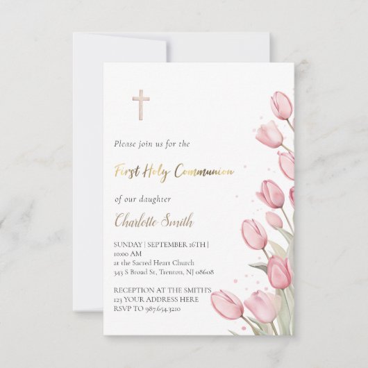 Invitation fleurs de tulipe rose | Première fille communion (Devant)
