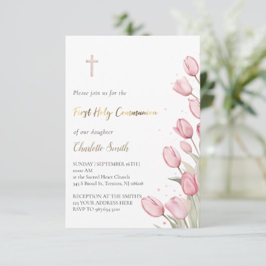 Invitation fleurs de tulipe rose | Première fille communion (Debout devant)