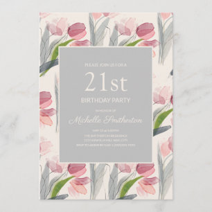 Invitation Fleurs de Tulipes Aquarelle Rose Pâle 21e Annivers