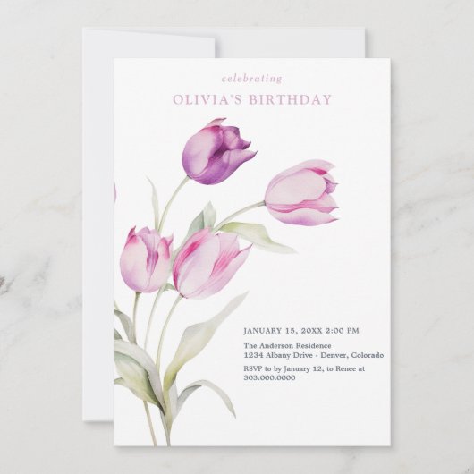 Invitation Fleurs de tulipes aquarelles lilas rose violet (Devant)